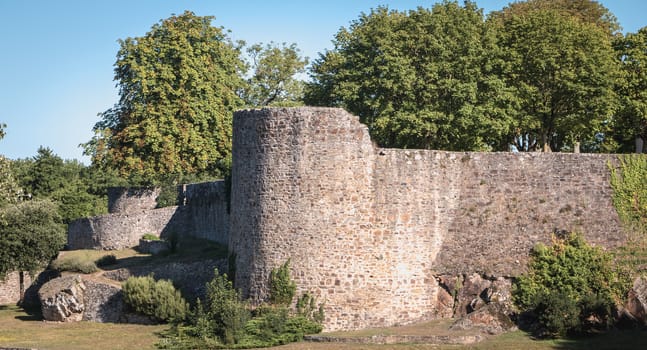 Montaigu, France - August 2, 2018: Architectural detail of the medieval castle of Montaigu in the city center on a summer day
