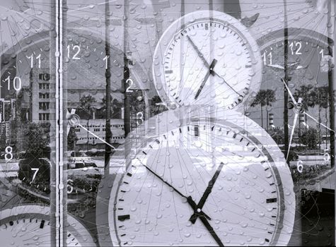 Large clocks reflecting in shop window illustrate the concept of time