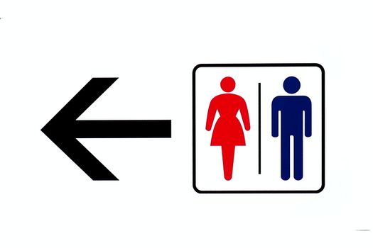 A sign with arrow pointing the way to a public bathroom

