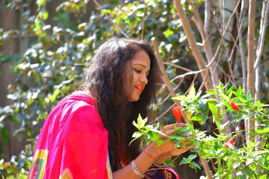 A young beautiful girl open bright black hair and wearing bangles in her hands, looking at red flowers, concepts for women heath