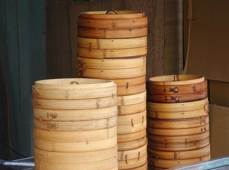 Traditional Chinese bamboo steamers used to make dumplings and streamed bread