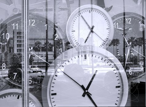 Large clocks reflecting in shop window illustrate the concept of time