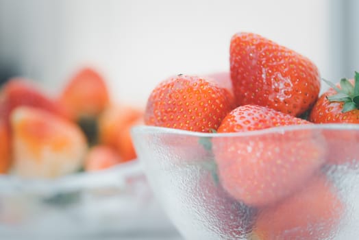 Strawberry is red fresh berry fruit color and sweet juicy for sale at Thai street food and fruit market in concept food and fruit, healthy eating in life