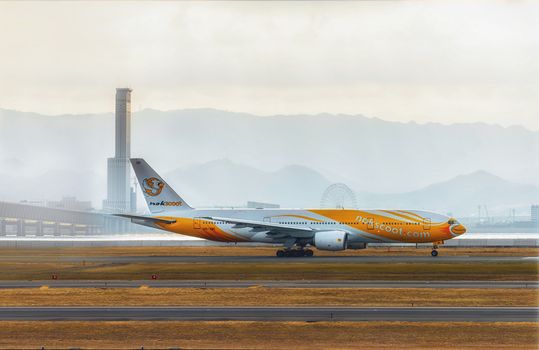 Nok scoot  airplane waiting to take off at Kansai International  Airport, Japan
