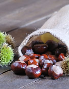 Chestnuts on wooden table in the kitchen.