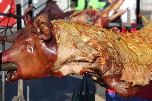 Traditional whole pig barbecue in Taiwan at an outdoor market