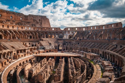 Interior of the Coliseum Flavian amphitheater or Anfiteatro Flavio, Colosseo. Antique roman gladiator arena. The historic centre of Rome is declared a UNESCO World Heritage Site ref. 91ter