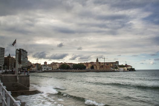 View on Old Port of Gijon and the Cantabric sea, Asturias, Northern Spain.