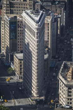 Aerial view of the streets of New York City including the Flatiron building.