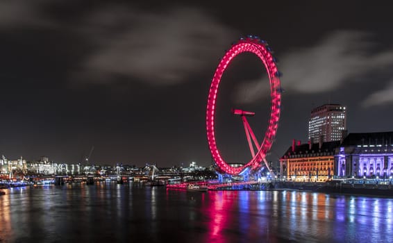 London Cityscape with Millennium Wheel with red color at Night