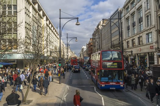 London, UK. March 2012: Oxford Street on a typical busy day in the main city of England and the UK.