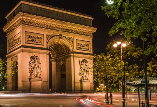 Arc de Triomphe in Paris, France. Night scene