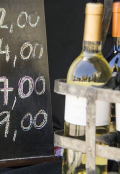 Wine bottles and chalk board with prices