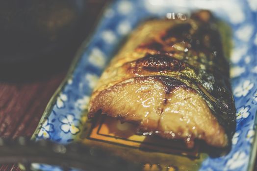 Saba fish grilled soy sauce (Saba Teriyaki) for sale at Thai street food market or restaurant in Thailand