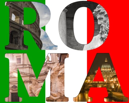 Rome collage of different famous locations and  glag of italia on the background