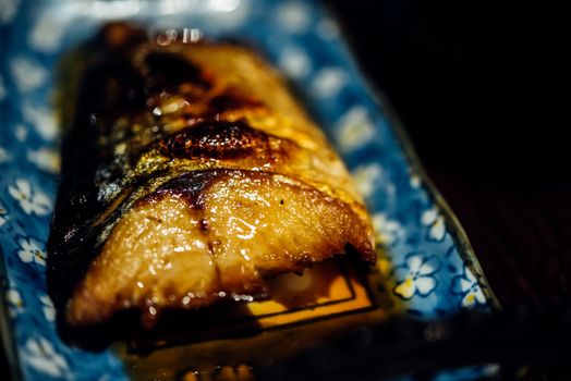 Saba fish grilled soy sauce (Saba Teriyaki) for sale at Thai street food market or restaurant in Thailand