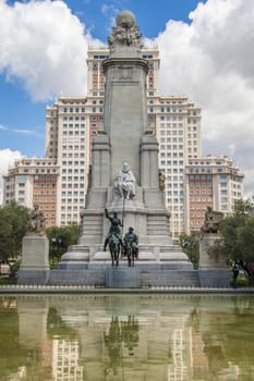 Monument to Cervantes, Don Quixote and Sancho Panza. Monument to Miguel de Cervantes is located on square of Spain near Royal palace in Madrid