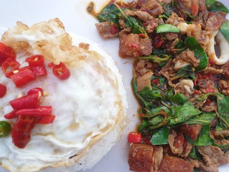 Rice topped with stir-fried pork or beef with liver and squid and basil for sale at Thai street food market or restaurant in Bangkok Thailand