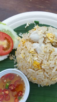 Crab meat fried rice is seafood for sale at Thai street food market or restaurant in Bangkok Thailand