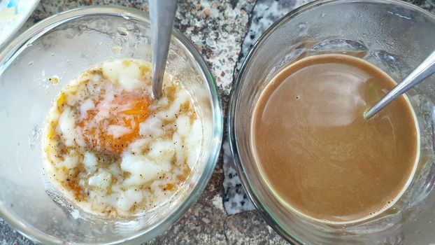 Breakfast food with soft-boiled eggs and vintage coffee Thai style for sale at Thai street food market or Thai vintage style coffee shop restaurant in Thailand