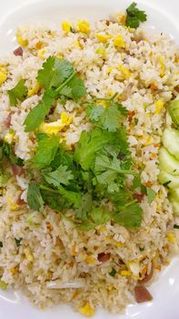 Crab meat fried rice is seafood for sale at Thai street food market or restaurant in Bangkok Thailand