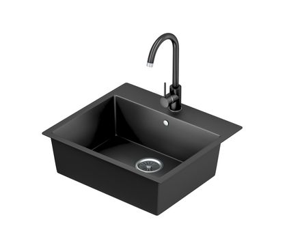 Black quartz kitchen sink and faucet isolated on white background