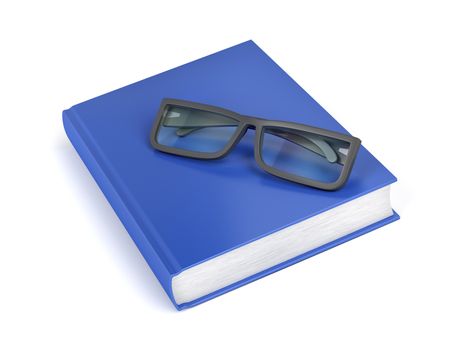 Blue book and glasses on white background