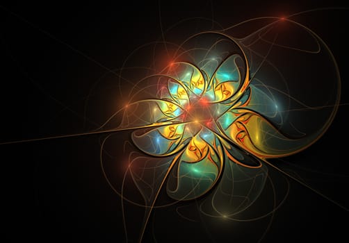 Elegant golden, extremely delicate and translucent flower composition with a silky surface. Computer generated graphics. Abstract floral fractal background for art projects