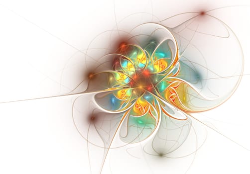 Elegant golden, extremely delicate and translucent flower composition with a silky surface. Computer generated graphics. Abstract floral fractal background for art projects