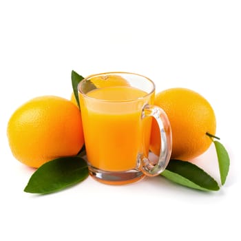 Glass of orange juice and Fresh orange isolated on a white background.