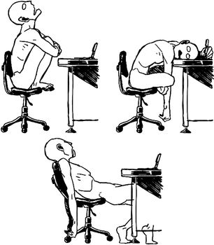 Tutorial of drawing body. Drawn nude man on chair at a computer table