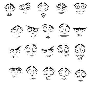 Drawing black and white emoji, emoticons. Different emotions on the faces.