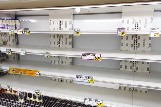 New York, USA - April 2, 2020: Empty shelves with groceries in supermarkets because of the panic from the coronavirus.