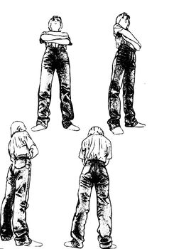 Woman in male work pants. Tutorial of drawing a female body. Drawing the human body, step by step lessons.