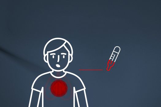 Illustration of a person with pneumonia measures the temperature of the thermometer.