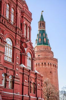A detail of the Moscow's History Museum with a Kremlin's tower in the background