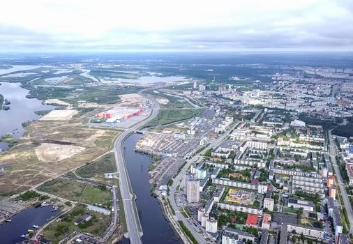 View from above on the city of Surgut. Hunts-Mansi Autonomous Region, surgut city from a bird's-eye view.