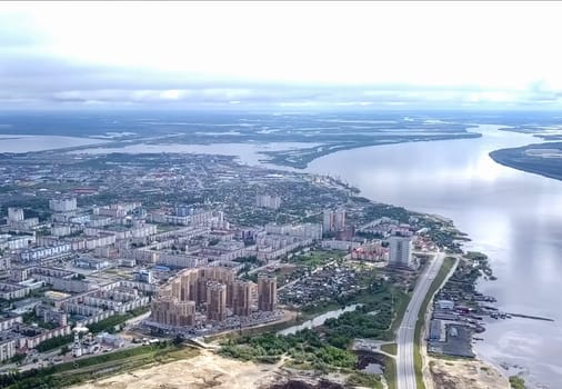 View from above on the city of Surgut. Hunts-Mansi Autonomous Region, surgut city from a bird's-eye view.