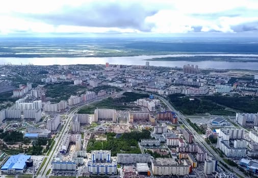 View from above on the city of Surgut. Hunts-Mansi Autonomous Region, surgut city from a bird's-eye view.