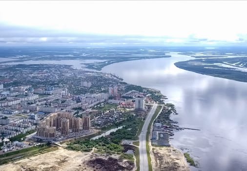 View from above on the city of Surgut. Hunts-Mansi Autonomous Region, surgut city from a bird's-eye view.