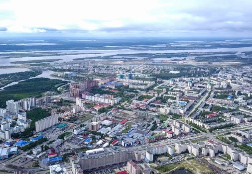 View from above on the city of Surgut. Hunts-Mansi Autonomous Region, surgut city from a bird's-eye view.