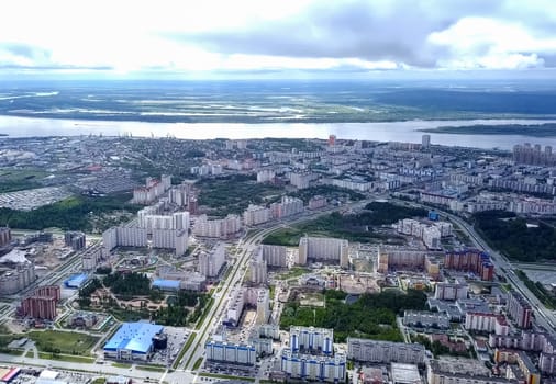 View from above on the city of Surgut. Hunts-Mansi Autonomous Region, surgut city from a bird's-eye view.