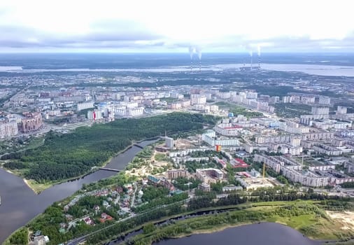 View from above on the city of Surgut. Hunts-Mansi Autonomous Region, surgut city from a bird's-eye view.