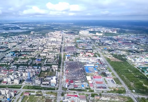 View from above on the city of Surgut. Hunts-Mansi Autonomous Region, surgut city from a bird's-eye view.