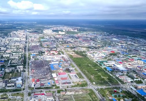 View from above on the city of Surgut. Hunts-Mansi Autonomous Region, surgut city from a bird's-eye view.