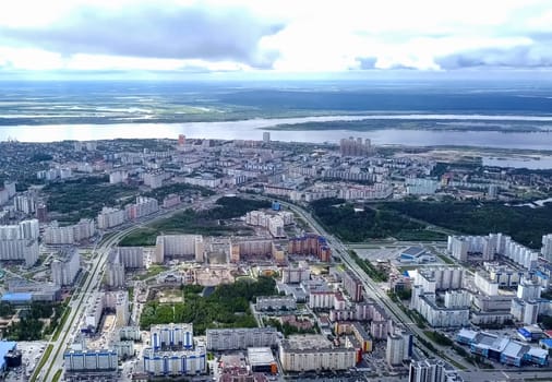 View from above on the city of Surgut. Hunts-Mansi Autonomous Region, surgut city from a bird's-eye view.