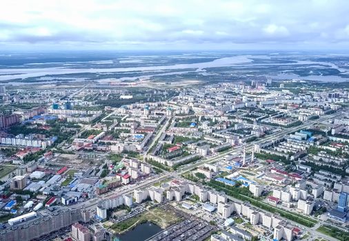 View from above on the city of Surgut. Hunts-Mansi Autonomous Region, surgut city from a bird's-eye view.