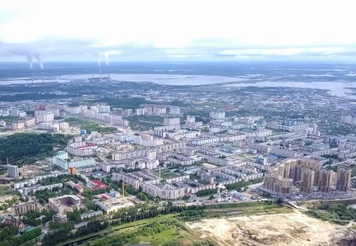 View from above on the city of Surgut. Hunts-Mansi Autonomous Region, surgut city from a bird's-eye view.