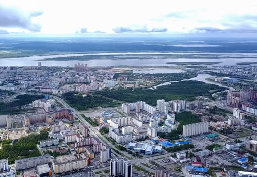 View from above on the city of Surgut. Hunts-Mansi Autonomous Region, surgut city from a bird's-eye view.