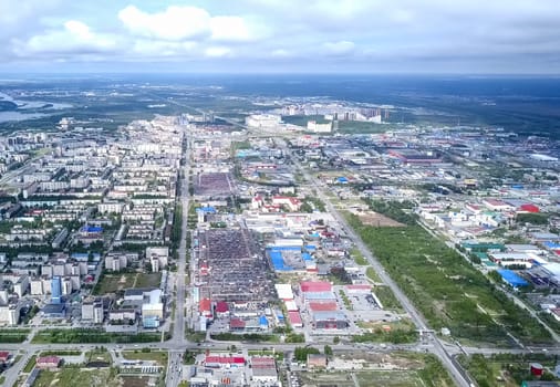 View from above on the city of Surgut. Hunts-Mansi Autonomous Region, surgut city from a bird's-eye view.